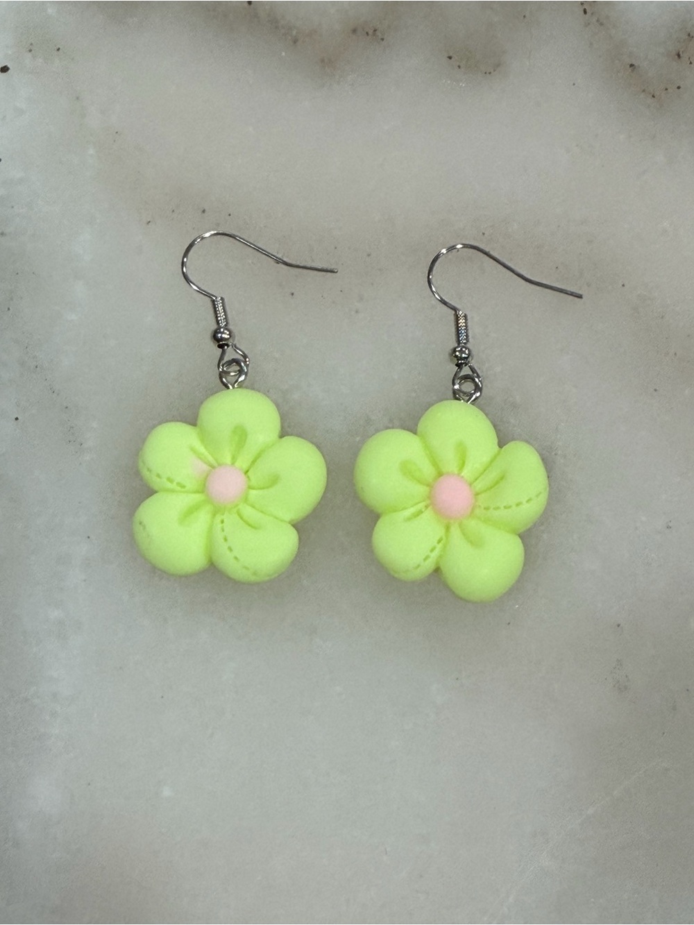 Neon Lime Flower Drop Earrings with Pink Center Festive Floral Jewel
